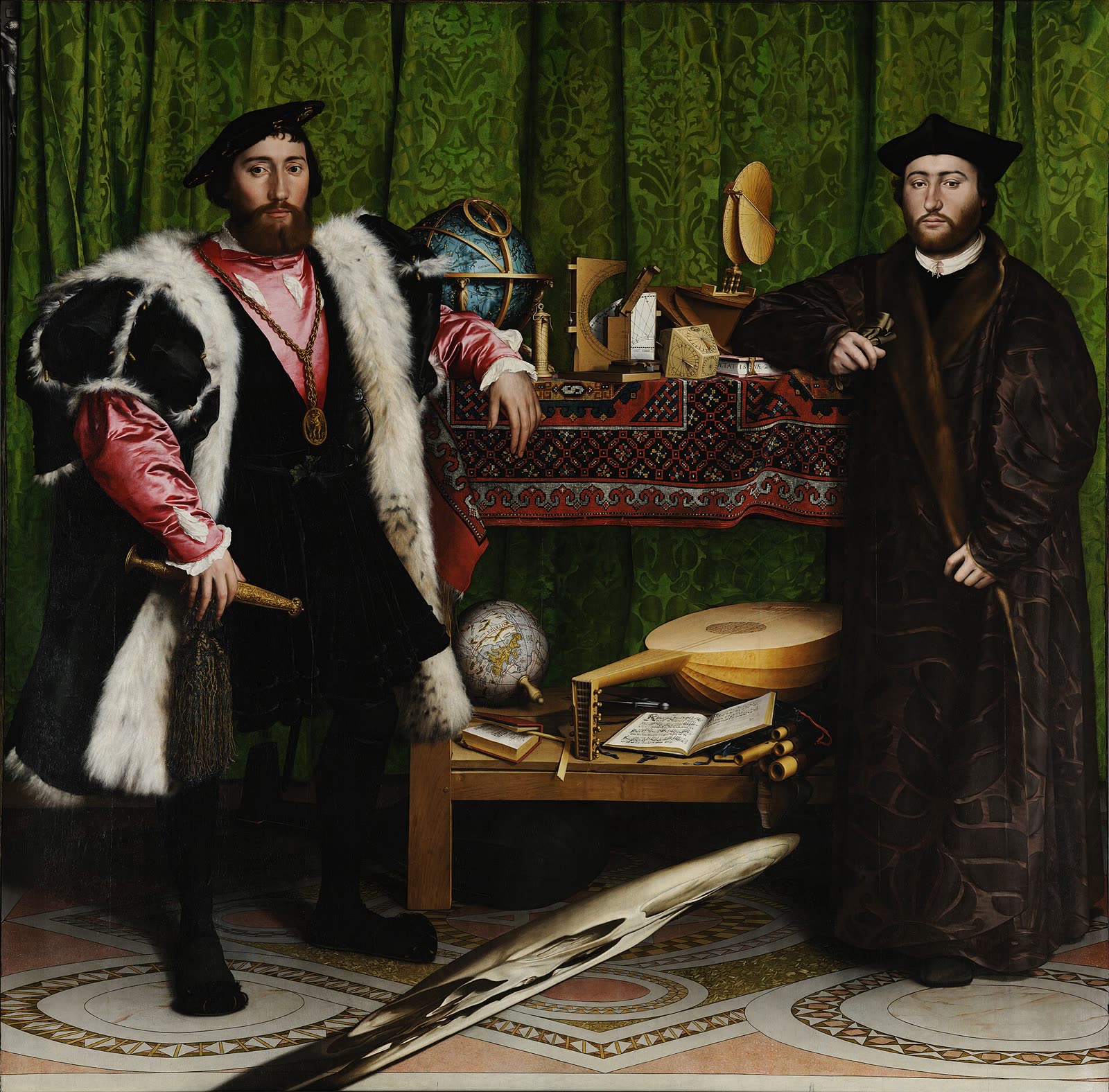Les Ambassadeurs, de Hans Holbein, 1533 : entre les deux hommes, un globe céleste et un globe terrestre, le ciel et la Terre côte à côte (National Gallery, Wikimedia Commons, domaine public).