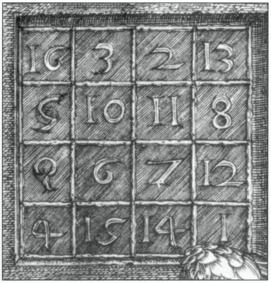 Le carré de Dürer en gros plan : chaque ligne, chaque colonne, chaque diagonale fait 34. La date, 1514, se lit au milieu de la dernière ligne (Wikimedia Commons, domaine public).