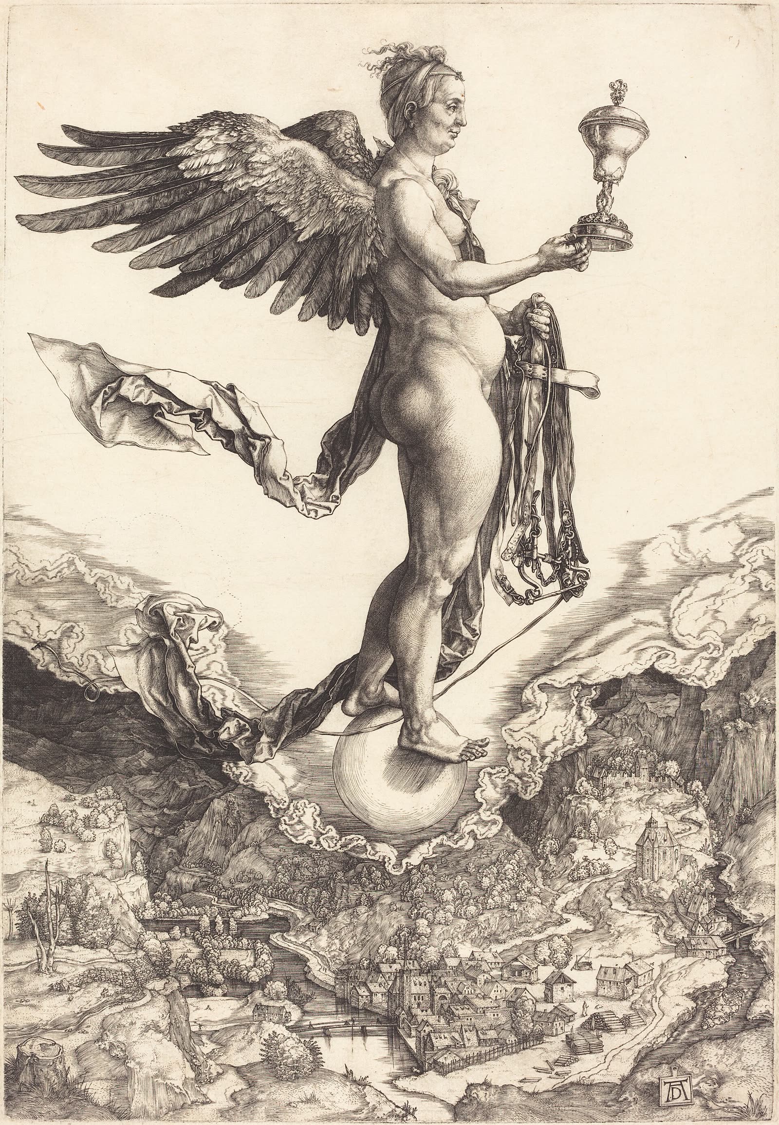 Nemesis, la Grande Fortune, gravure d'Albrecht Dürer, vers 1501 (National Gallery of Art, Washington, CC0).