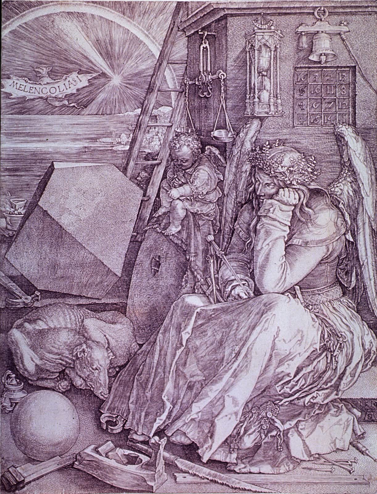 Melencolia I d'Albrecht Dürer, 1514 : en haut à droite, un carré magique de 4 × 4 (Wikimedia Commons, domaine public).