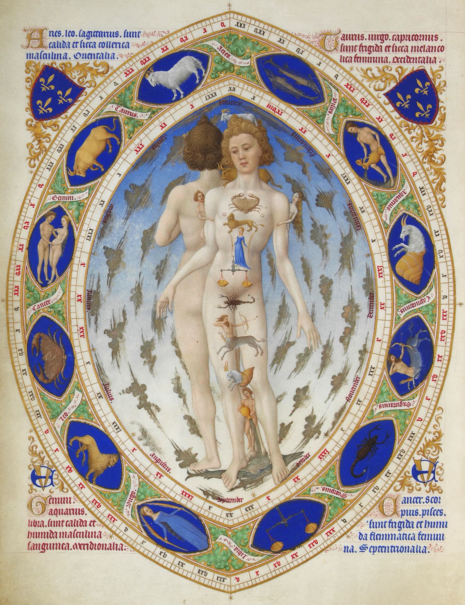 L'homme zodiacal des Très Riches Heures du duc de Berry, entouré des douze signes