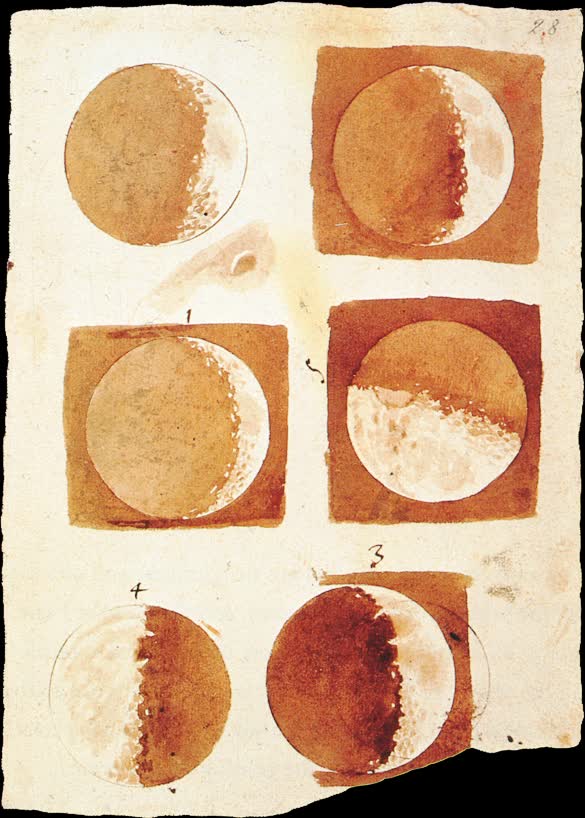 La Lune dessinée par Galilée en 1609, nuit après nuit, dans le Sidereus Nuncius (Wikimedia Commons, domaine public).