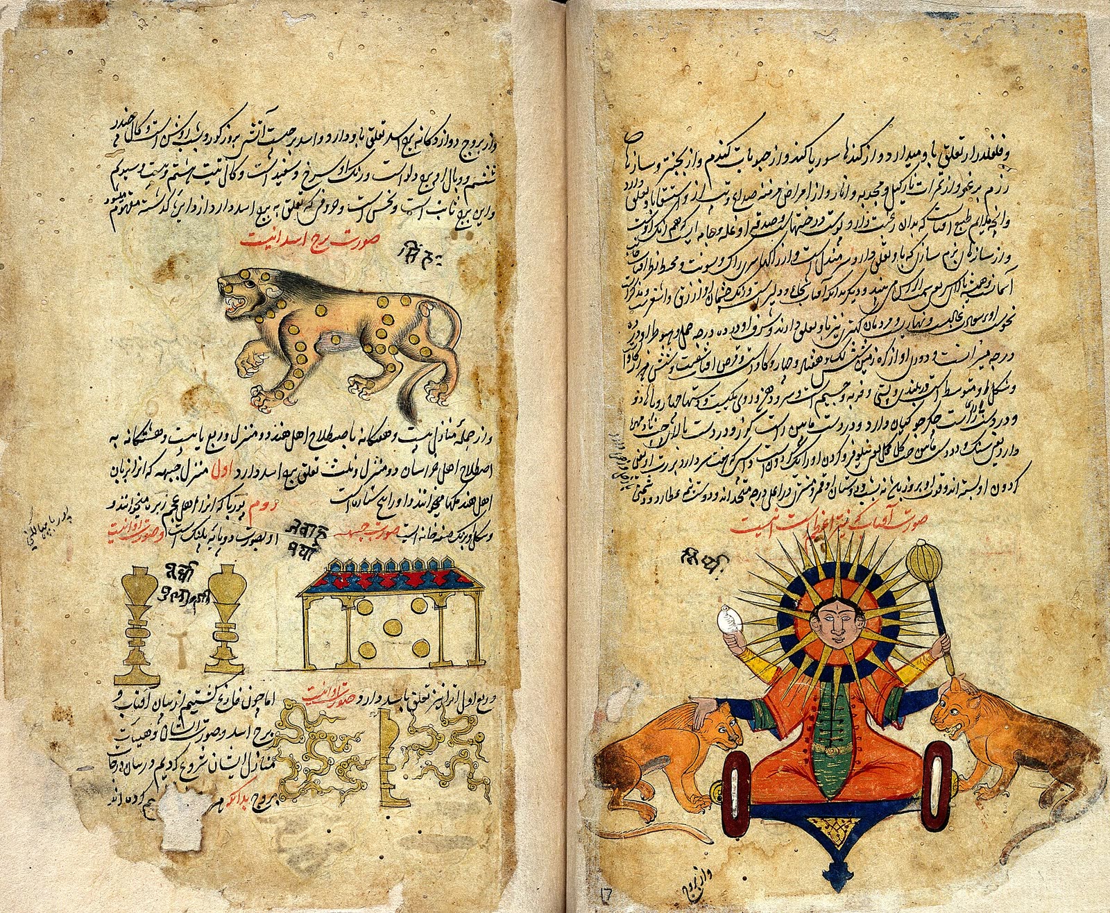 Le Soleil, le Lion et deux demeures lunaires, dans un manuscrit arabe (Wellcome Collection, CC BY 4.0).