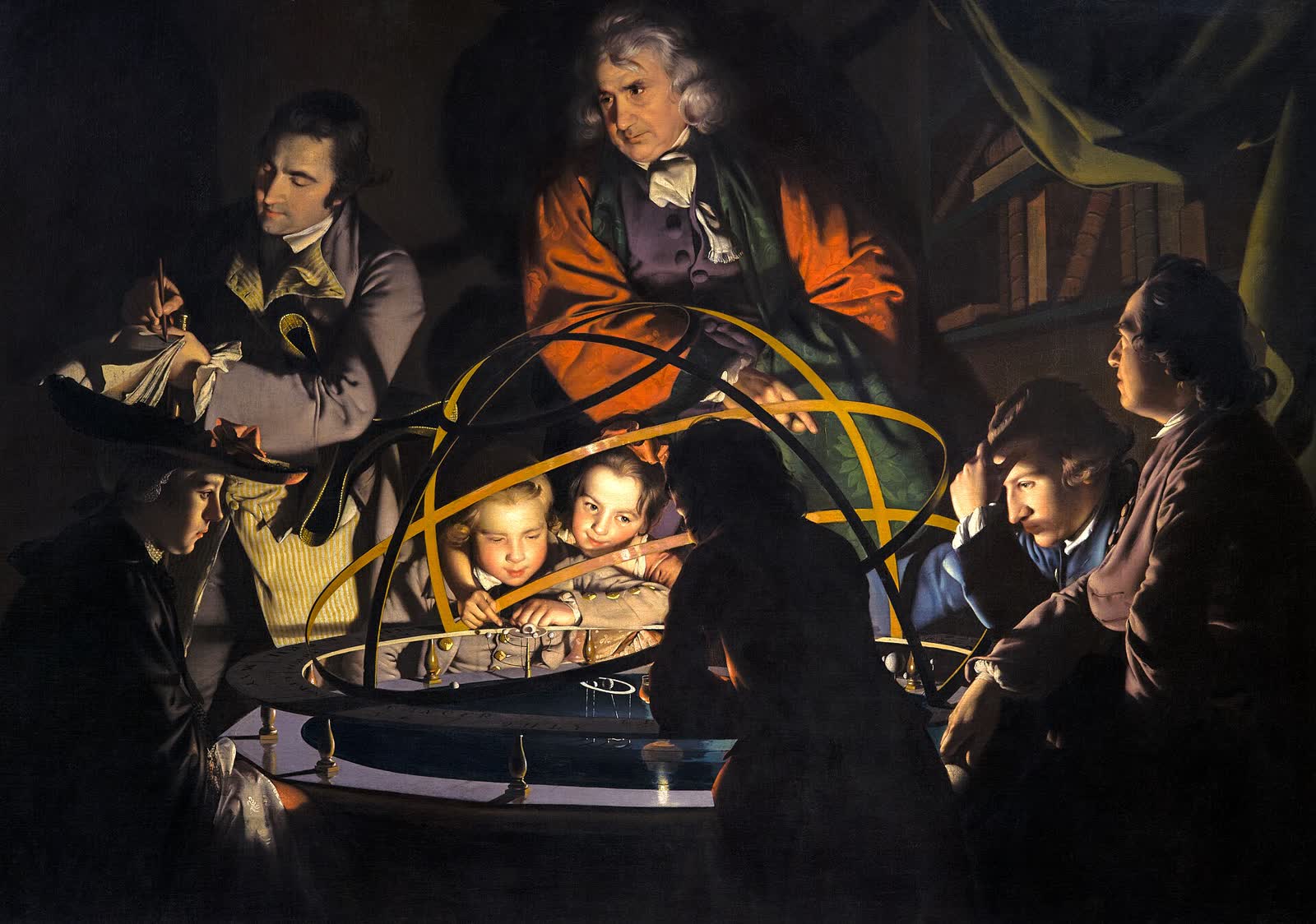 Le Planétaire, de Joseph Wright of Derby : des visages éclairés autour d'une maquette du système solaire