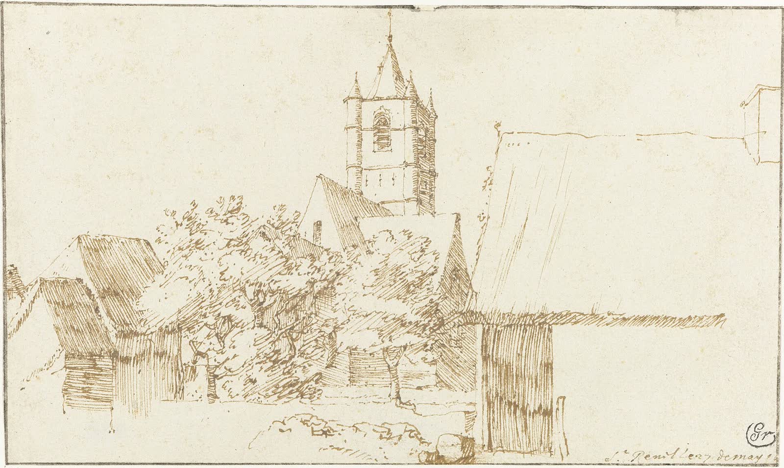 Saintes et son église Sainte-Renelde, dessinées par Constantijn Huygens fils en 1676 (Wikimedia Commons, domaine public).