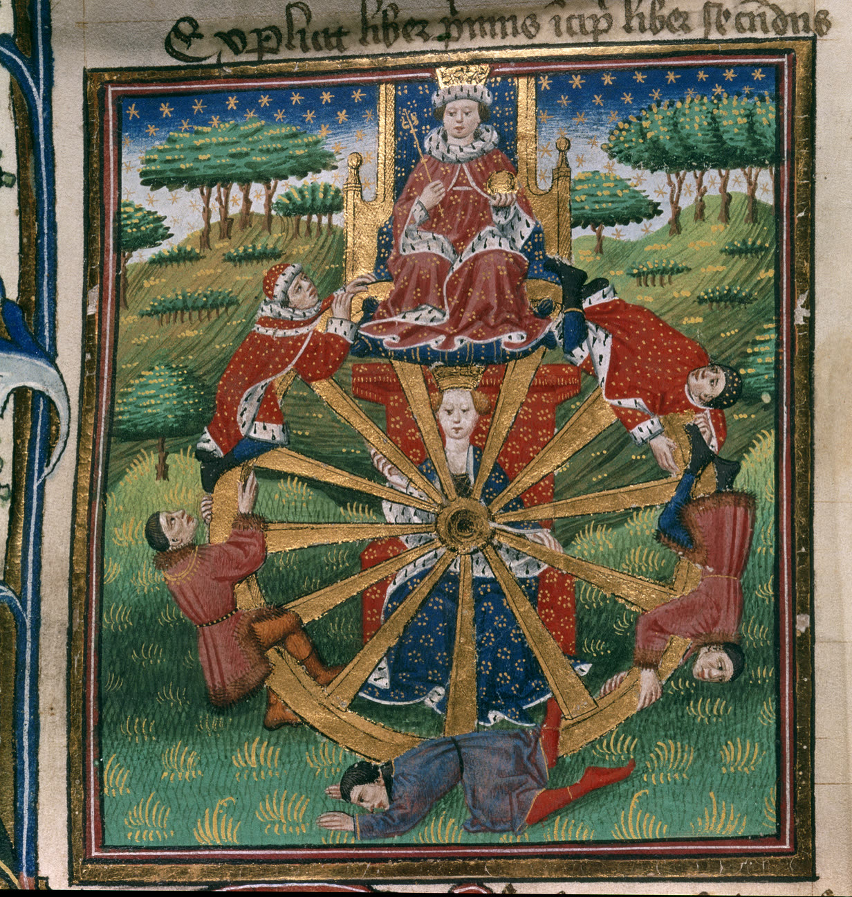 La roue de Fortune, dans un manuscrit anglais du XVe siècle : ceux qui montent, ceux qui descendent (British Library, CC0).