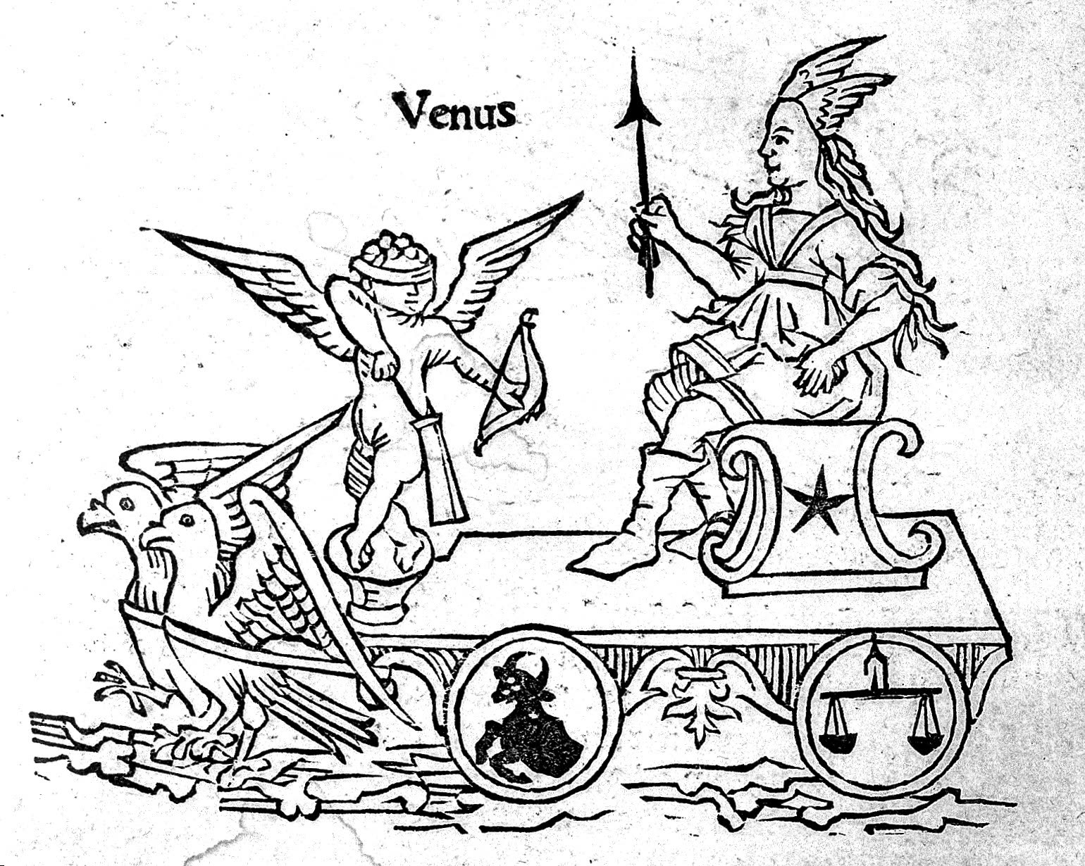 Vénus sur son char : une gravure des Fleurs d'astrologie d'Albumasar, imprimée en 1488 (Wellcome Collection, CC BY 4.0).