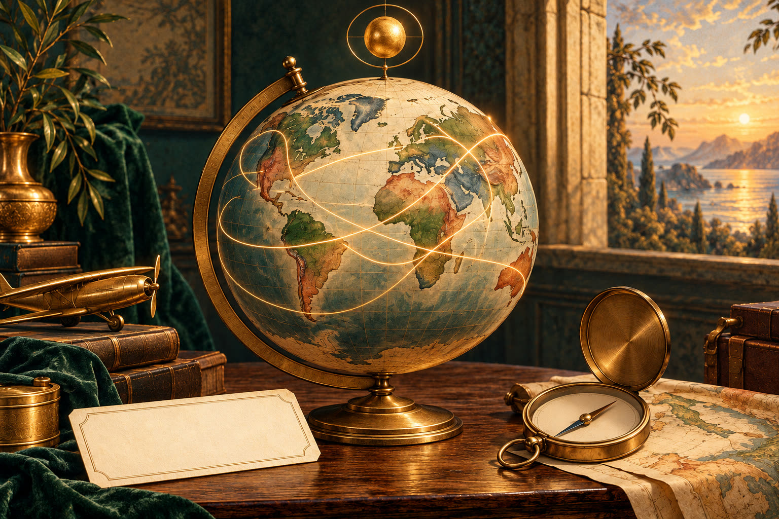 Le globe, la boussole et la carte de l'anniversaire (illustration).