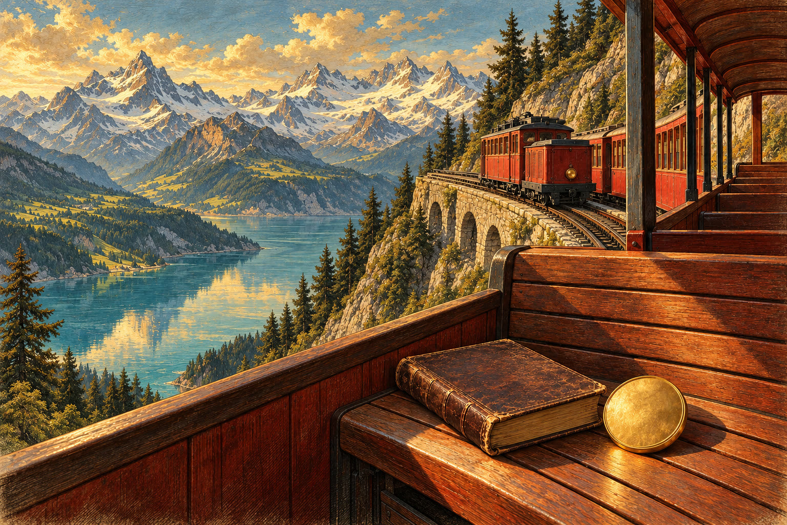 Le petit train au-dessus du lac de Brienz, et le livre oublié sur la banquette (illustration).