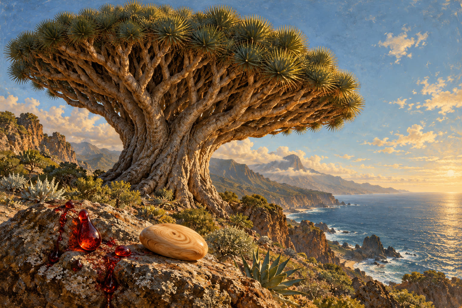 Le dragonnier, l'arbre dont la sève donne le sang-de-dragon (illustration).