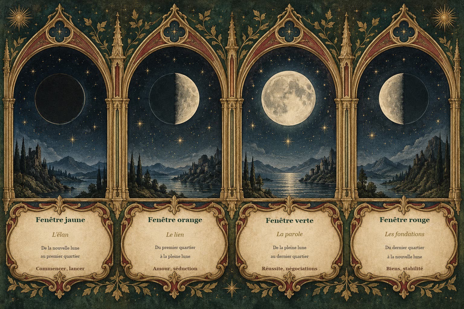 Les quatre fenêtres de la lune : l'élan, le lien, la parole et les fondations.