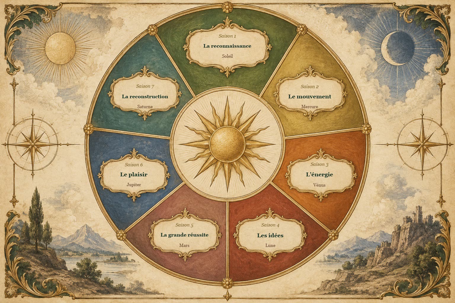 Les sept saisons de votre année, de 52 jours chacune, et la planète qui gouverne chacune d'elles.