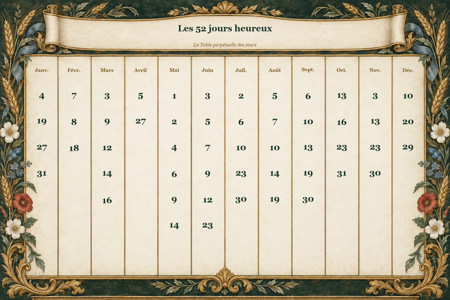 Les 52 jours heureux de la Table perpétuelle, mois par mois.