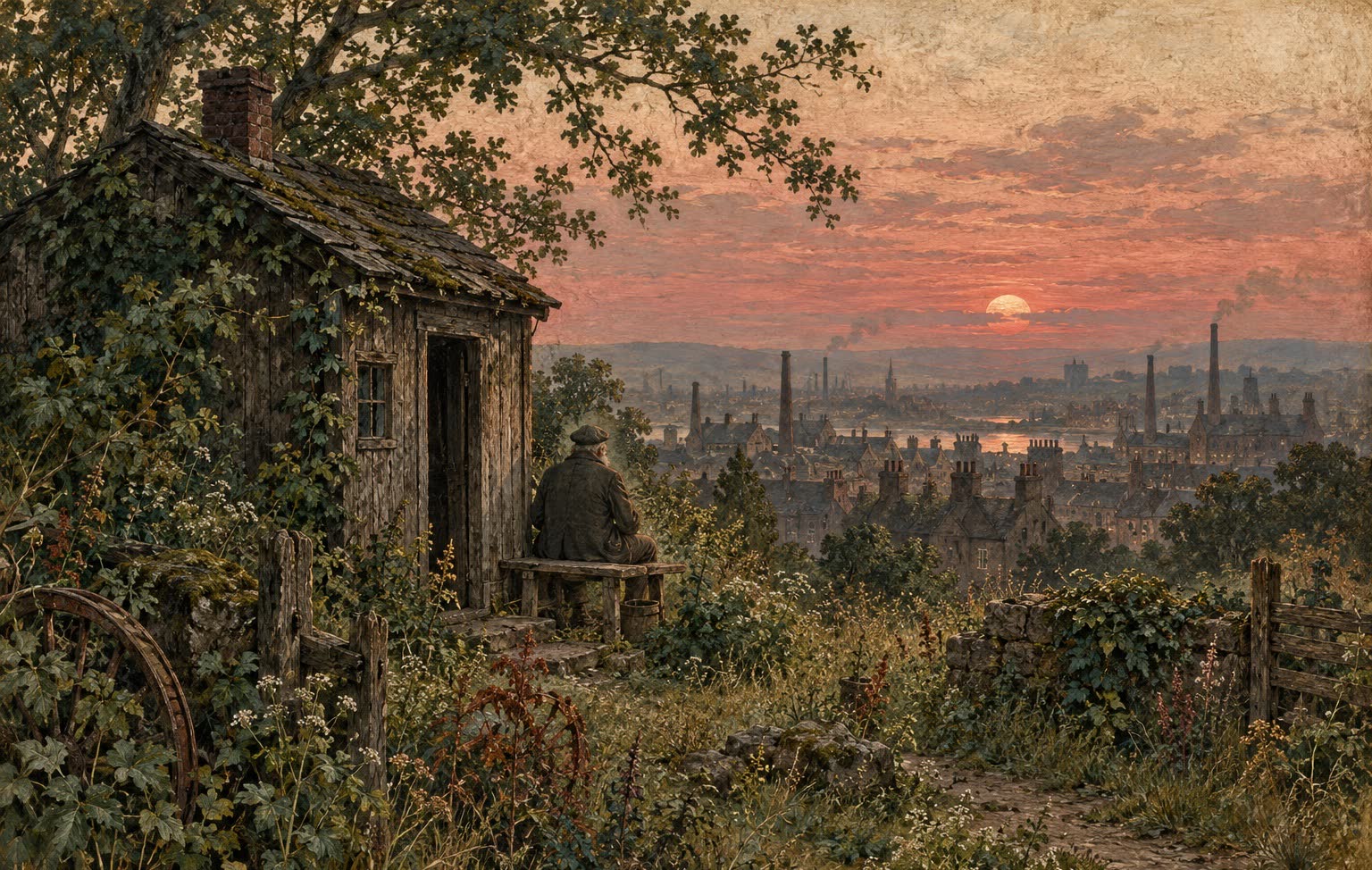Illustration : un vieil homme devant sa cabane, au-dessus des cheminées de Herstal