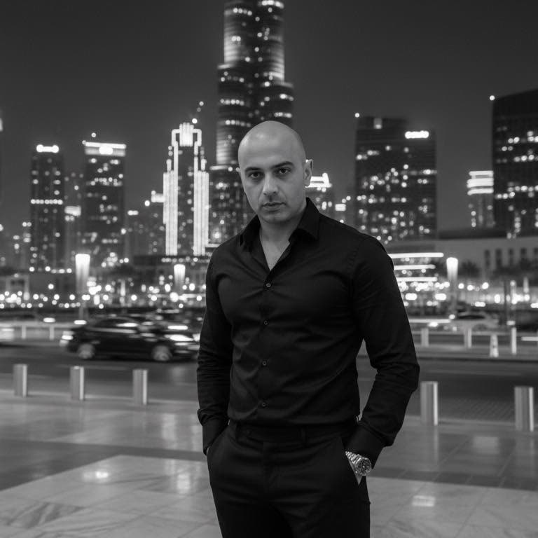 Lucas Almazar, en noir et blanc, devant les tours de Dubaï la nuit