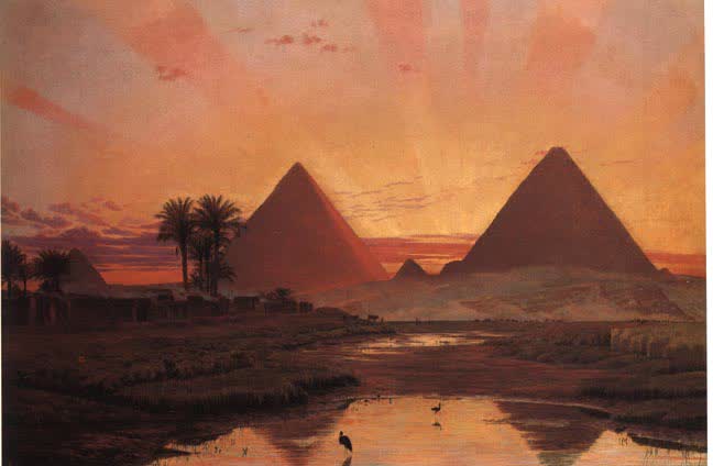 Les pyramides de Gizeh au coucher du soleil, peinture de Thomas Seddon. Domaine public.