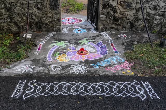 Un kolam de fête pour Pongal, dans le Tamil Nadu (photo Timothy A. Gonsalves, CC BY-SA 4.0)