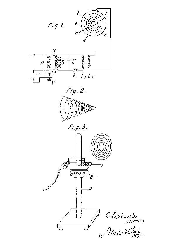 Un dessin de brevet de Lakhovsky (Wikimedia Commons, domaine public)
