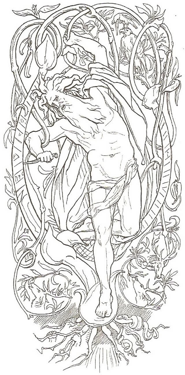 Le sacrifice d'Odin, pendu à l'arbre du monde, par Lorenz Frølich, 1895 (domaine public)