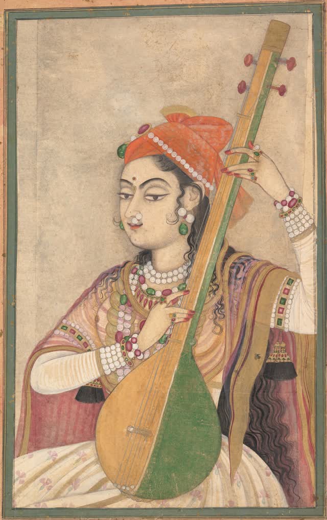 Une dame jouant du tanpura, miniature du Rajasthan, vers 1735 (domaine public)
