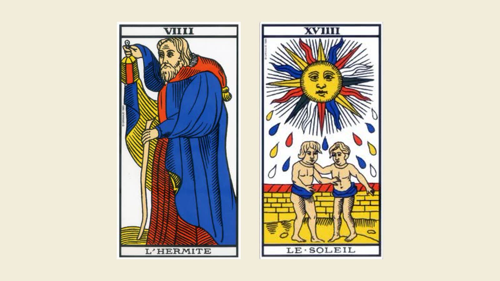 Deux lames du tarot de Marseille, l'Hermite et le Soleil