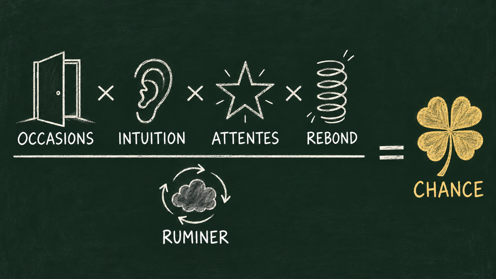 L'équation de la chance : occasions, intuition, attentes et rebond, divisés par la rumination.