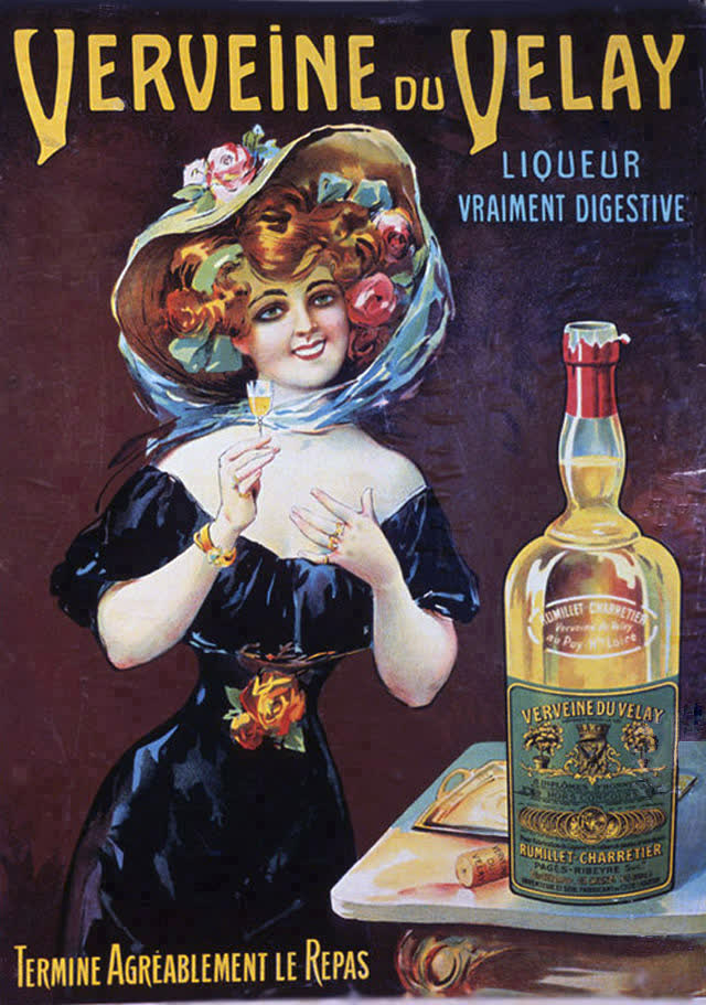 Une affiche publicitaire de la liqueur Verveine du Velay, vers 1900. Domaine public.